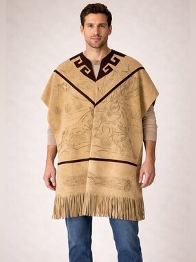 Vintage Suede Leather Deer Print Western Fringe Poncho Unisex
